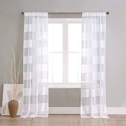 Home Maison - Capri Faux Line Striped Pole Top Window Curtains for Living Room & Bedroom - Assorted Colors - Set of 2 Panels (37 X 96 Inch - White)