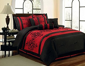 7 Piece King Catherine Flocking Black and Red Comforter Set