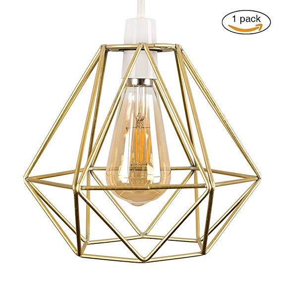 Vintage Pendant Light, Motent Industrial Modern Minimalist Diamond Shpaed Cage Hanging Lamp. Creative Iron Wrought 1-Light DIY Lighting Fixture with No Bulb, 7.8" Dia for Kitchen Loft Bedroom - Golden