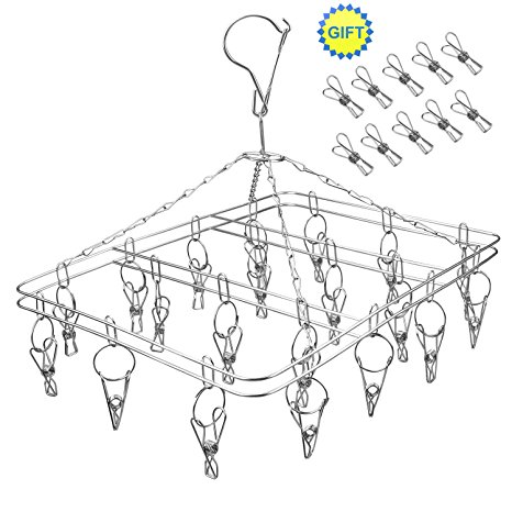 YTE Laundry Clothesline Hanging Rack for Drying Clothing Set of 20 Stainless Steel Clothespins and 10 Spare Units Clips (Rectangle)