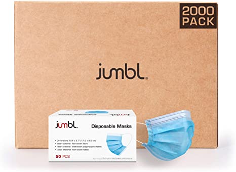 Jumbl Blue Disposable Face Masks Pack of 2000 | Protective 3-Ply Breathable Comfortable Nose/Mouth Coverings for Home & Office | Elastic Ear Loop 3-Layer Safety Shield for Adults/Kids | Ships from USA