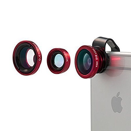 Vinsic® Camera Lens, Universal Detachable 180° Fish Eye Lens Wide Angle Lens Micro Lens 3 in1 Easy Use Camera Lens Kits Special for Apple iPhone Series, iPhone 6 6 Plus 5 5c 5s 4s 4 3 (Red-1)