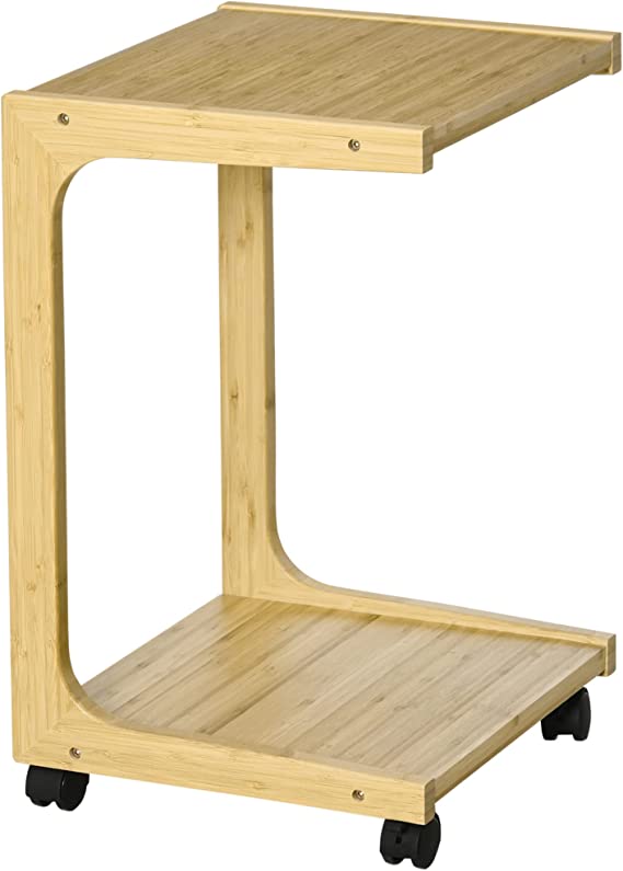 HOMCOM Mesa Auxiliar con Ruedas Mesa Lateral de Bambú en Forma de C para Sofá Cama con Estante Inferior y Frenos para Dormitorio Salón 39x35,5x59 cm Natural