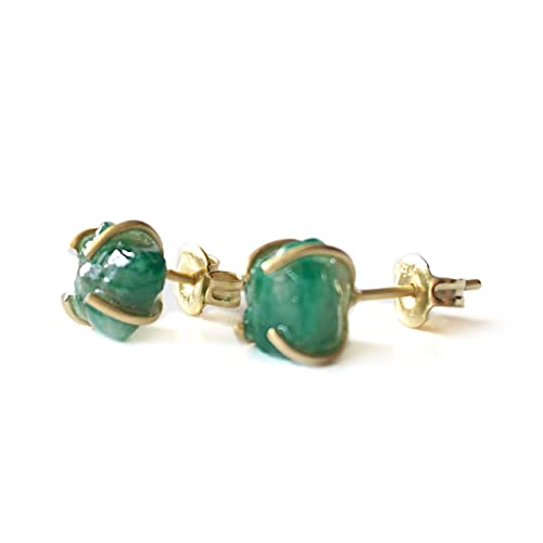 Raw Emerald Earrings - Green Emerald - Gold Large Stud Earrings - May Birthstone - Gold Earrings - Gift Box - Hypoallergenic Earrings - Genuine Raw Emerald Earrings - One of a Kind