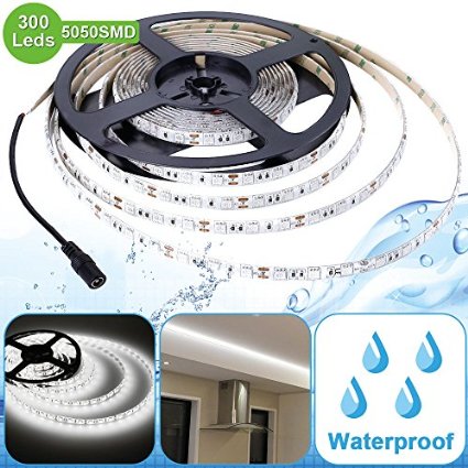 LE Lampux Waterproof 12V Flexible LED Strip Lights Daylight White Super Bright 300 Units 5050 LEDs Light Strips Pack of 164ft5m