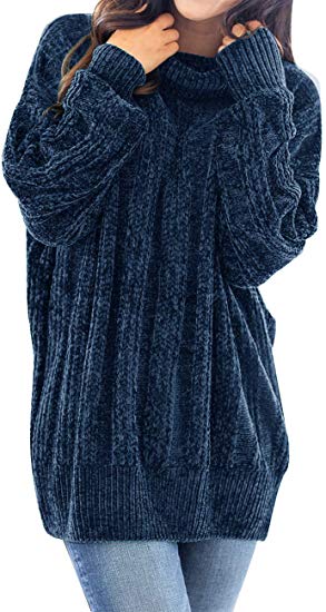 MEROKEETY Women's Long Sleeve Turtleneck Chunky Soft Chenille Velvet Tunic Sweater Pullover