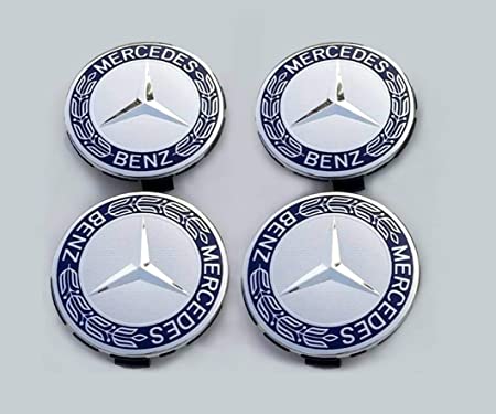 ALLOY WHEEL CENTRE CAPS CHROME SILVER & BLUE SET OF FOUR 4x centre Caps 75MM Best Fit for Mercedes Benz Wheels (eMarkooz)