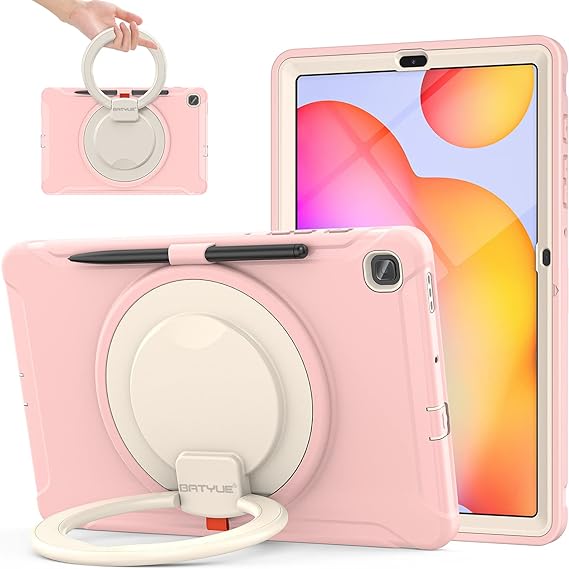 BATYUE Samsung Galaxy Tab S6 Lite Case 10.4 Inch 2022/2020 (SM-P610/P613/P615/P619) ; Protective Rugged Case with Pencil Holder, 360° Swivel Stand; for Kids, Boys, Girls - Cheery Pink