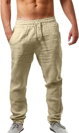 Men's Casual Pants Cotton Linen Summer Beach Pants Drawstring Elastic Waist Lightweight Baggy Trousers with Pockets