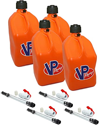4 Pack VP 5 Gallon Square Orange Racing Utility Jugs with 4 Deluxe Filler Hoses with Valves