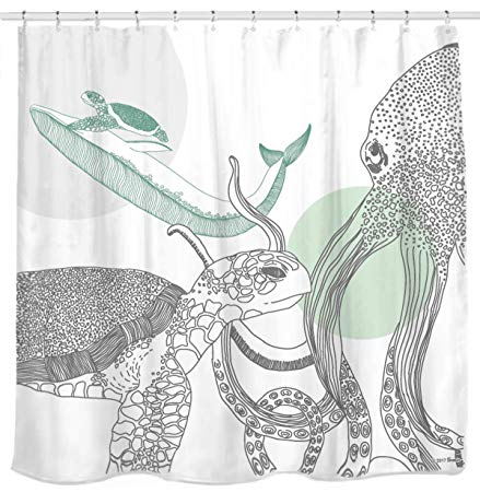 Sunlit Designer Ocean Animals White Fabric Shower Curtain with Sea Turtle Whale Octopus Tentacles Marine Life Scenery Abstract Sketch Art - Green Gray Black