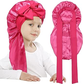 AWAYTR Long Toddler Silk Bonnet for Sleeping Elastic Satin Bonnets for Curly Hair Braid Bonnet Night Cap for Aged 3-12 Kids