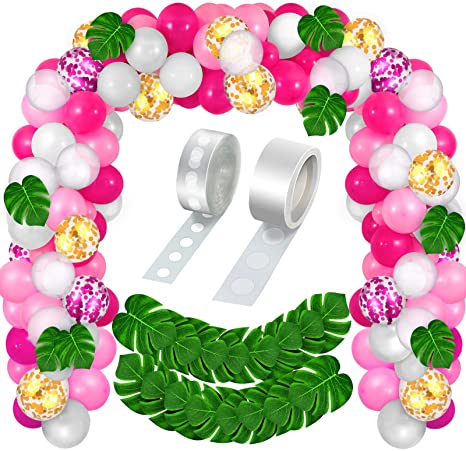 120 Pieces Flamingo Hawaiian Tropical Balloon Arch Garland Kit Luau Jungle Party Confetti Latex Balloons with 20 Palm Leaves Strip Dots(Rose Red, Light Pink, White, Transparent, Gold)