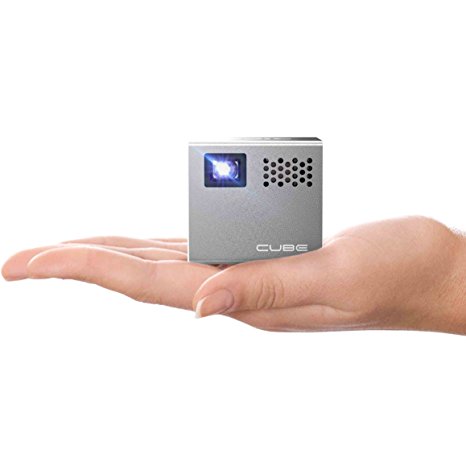 RIF6 Cube 2-inch Mobile Projector with 20,000 Hour LED Light and 120-inch Display, Portable, Rechargeable, includes HDMI Cables and Tripod