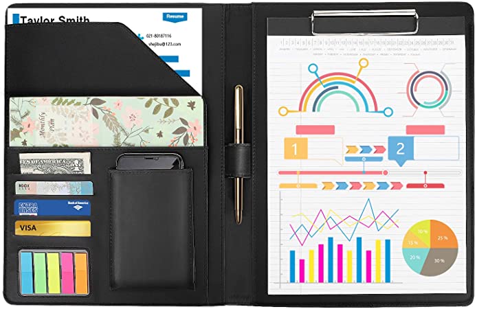 MoKo Portfolio Padfolio Folder, PU Leather Resume Conference Legal Document Organizer with A4 Size Clipboard, Business Card Holders, Document Sleeve, Pen Holder for Interview & Business - Black