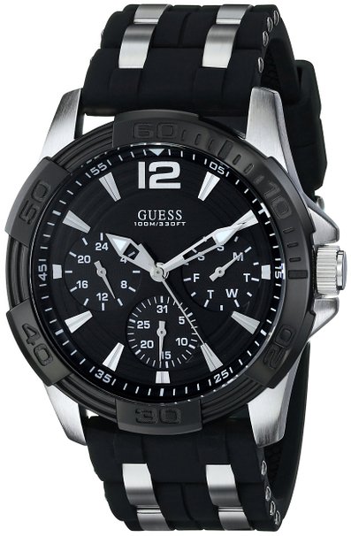GUESS Men's U0366G1 Black Multi-Function Sporty Watch with Silver Interlinks