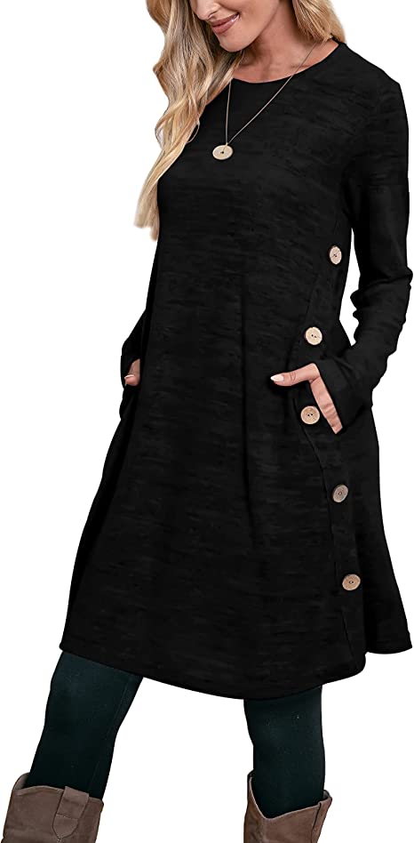 Aokosor Jumper Dress for Women Long Sleeve Dress Ladies Button Tunic Dress with Pockets