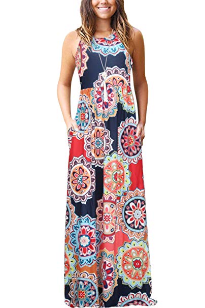 Women’s Summer Casual Floral Sleeveless Loose Plain Long Maxi Dress with Pockets