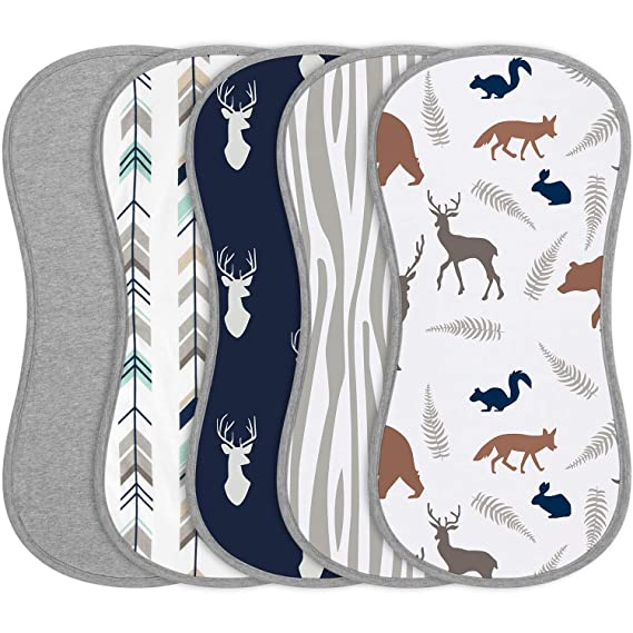 Babebay Burp Cloths for Baby Boys and Girls - Animal Design - 5 Pack 100% Combed Cotton Baby Burp Cloth Set, Extra Absorbent & Soft Burping Cloth, Baby Spit Up Cloth, Burp Cloth for Newborn