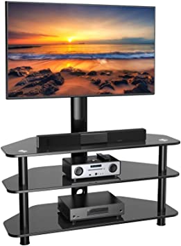 Swivel Floor TV Stand/Base for 32-65 Inch TVs-Universal Corner TV Floor Stand with Storage Perfect for Media-Height Adjustable Entertainment Stand with Tempered Glass&Cable Management, VESA 600x400mm