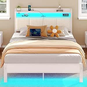 Rolanstar Bed Frame Full Size with Charging Station and LED Lights, Upholstered Headboard with Storage Shelves, Heavy Duty Metal Slats, No Box Spring Need, Noise Free, Easy Assembly, White