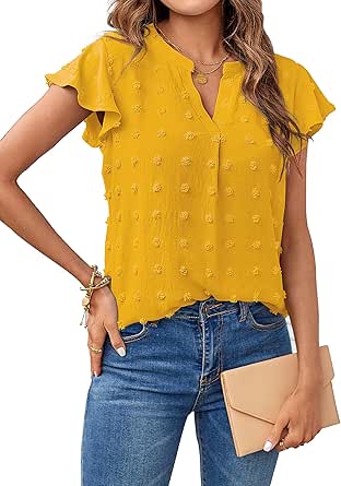 MEROKEETY Women 2024 Summer V Neck Ruffle Short Sleeve Blouse Swiss Dot Flowy Shirt Tunic Top