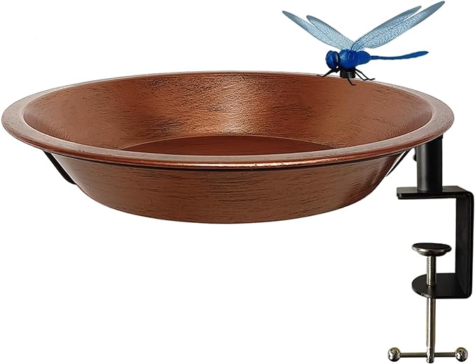 Keygift Deck Mounted Bird Bath for Outdoors, 11.5 Inches Metal Birdbath Bowl with Adjustable Steel Clamp, Antique Copper Deck Bird Feeder for Railing Balcony Fence Yard Art Garden Decor