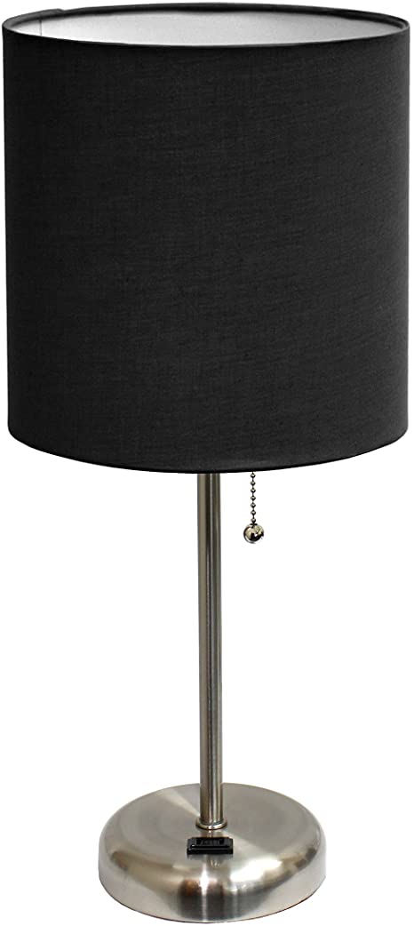 Limelights LT2024-BLK Stick Lamp with Charging Outlet and Fabric Shade, Black