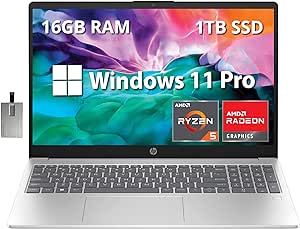 HP 15.6" Full HD Laptop, AMD Ryzen 5 7520U, 16GB DDR5 RAM, 1TB SSD, AMD Radeon Graphics, HD Camera, Wi-Fi 6, Win 11 Pro, Silver, 32GB Hotface USB Card