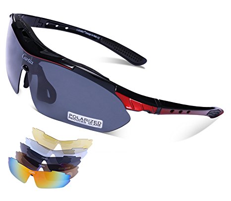 Carfia Polarized Sports Sunglasses UV400 Outdoor Cycling Glasses for Men Women Driving Golf Fishing Running Ski Goggles with 5 Interchangeable Lenses Tr90 Unbreakable Frame