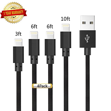 Ulimag Lightning Cable 4Pack 3FT 6FT 6FT 10FT Nylon Braided Certified iPhone Cable - USB Cord Charging Charger for Apple iPhone 7, 7 Plus, 6, 6s, 6 , 5, 5c, 5s, SE, iPad, iPod Nano, iPod Touch - Black