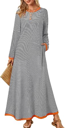 MEROKEETY Women's 2024 Fall Striped Long Sleeve Maxi Dress Color Block Casual T Shirt Long Dresses with Pockets