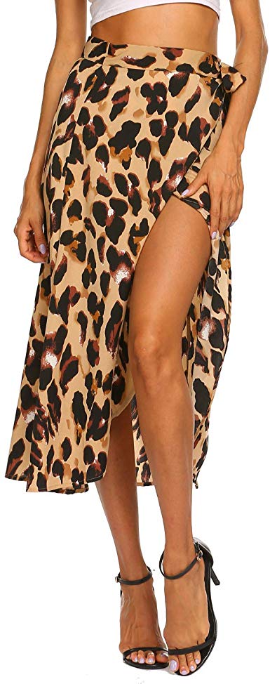 Newchoice Women's Boho Leopard Skirt High Low Split Summer Beach Midi Wrap Skirts