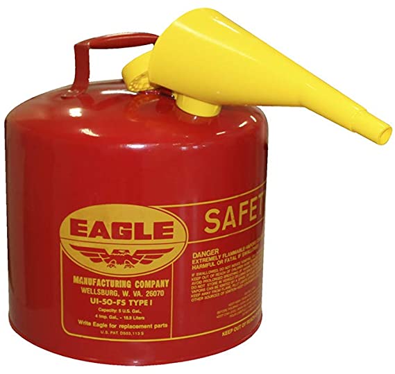 UI-50-FS Red Galvanized Steel Type I Gasoline Safety Can with Funnel, 5 Gallon Capacity, 13.5" Height, 12.5" Diameter