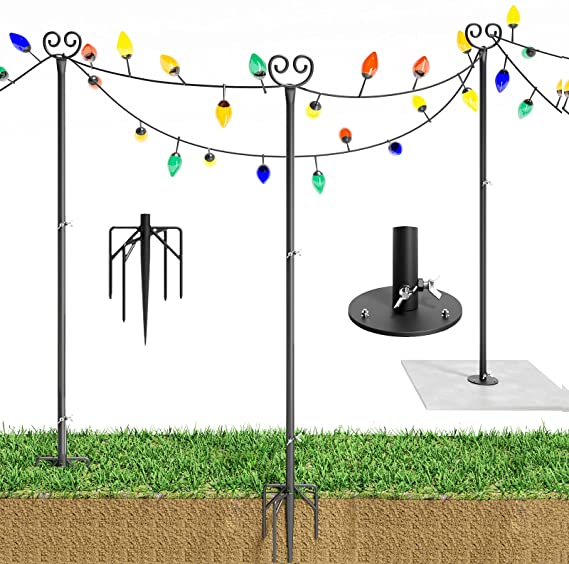 Outdoor String Light Poles (2×10 FT) Heavy Duty Outside Light Poles Sturdy Steel Pole Stand Hooks to Hang String Lights for Garden Backyard Patio Wedding Party Deck Birthday Decorations - 2 Pack