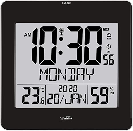 Youshiko Large Jumbo LCD Radio Controlled (UK & Ireland Version/Premium Quality/Clear Display) Silent Wall Clock with Temperature and Humidity display