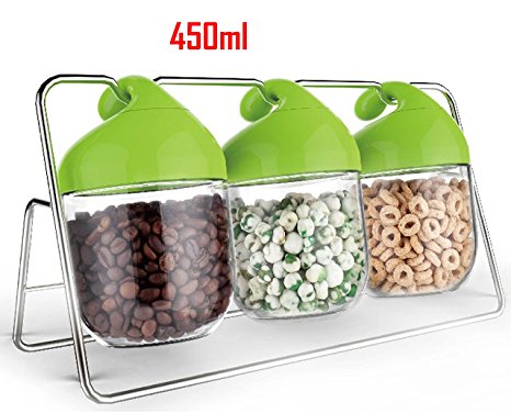 450ml Unique Design Glass Food Storage Jars / Airtight Plastic Clip Top Lids / 3 Piece Set on Rack