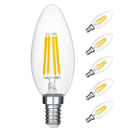 LEDERA 6 Pack E14 SES LED Candle Bulb 4W Warm White 2700K 600LM Clear Filament Bulbs, 40W Halogen Bulb Equivalent, 360° Beam Angle Candelabra Bulb LED Light non-dimmable