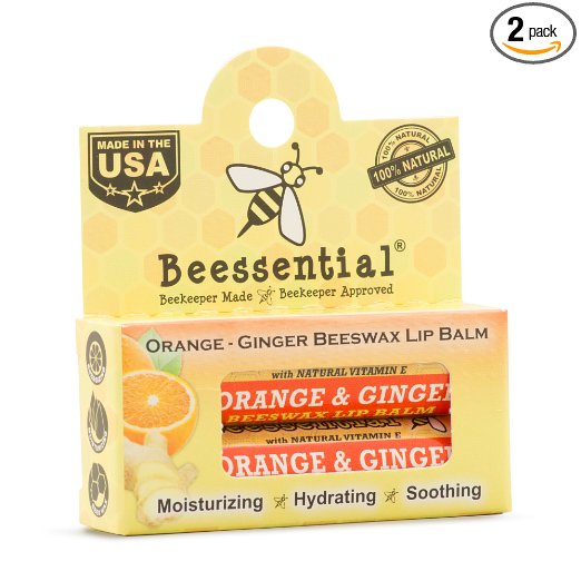 Beessential All Natural Orange Ginger Lip Balm 2 pack - Heals and Prevents Dry and Chapped Lips - Great for Men, Women, and Children - Moisturizing Beeswax, Coconut, Shea and Cupuacu Butter