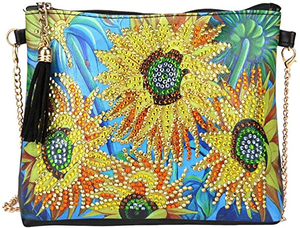 5D Diamond Painting Crossbody Bag with Chain,Crystal Tassel Zipper Handbag, Rhinestone Leather Purse Clutch, Diamond Painting Kits for Adults Kids,Makeup Shoulder Bag for Girl Women (Sunflower)