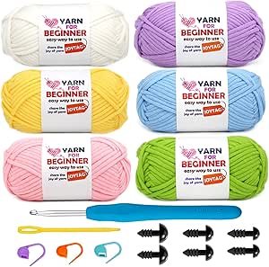 6 Pack Beginners Crochet Yarn Blue Green Pink Purple Yellow Cotton Crochet Yarn for Crocheting Knitting Beginners with Easy-to-See Stitches Pastel Crochet Yarn for Beginners Crochet Kit(6x50g)