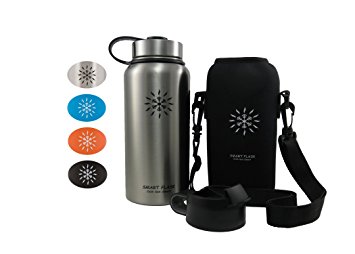 Smart Flask Stainless Steel Water Bottle, 4 Colors, 32 Oz., Wide Mouth, Vacuum Insulated, Includes Carrying Pouch with Shoulder Strap, Rugged Leakproof Stainless Steel Lid, and Flip Top Lid