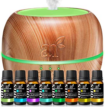 ArtNaturals Aromatherapy Essential Oil and Diffuser Gift Set - (400ml Tank & Top 8 Oils) - Peppermint, Tee Tree, Lavender & Eucalyptus - Auto Shut-off and 7 Color LED Lights – Therapeutic Grade