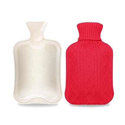 Hot Water Bottle, mixigoo Hot-Water Bottle 2Liter Red Hot Water Bottle Hot Water Bag with Cover Large Hot and Cold Hot Water Bottle Bottles Rubber for Pain Relief Hot Compress and Heat Therapy