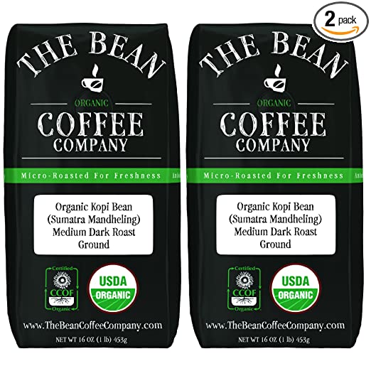 The Bean Coffee Company Organic Kopi Bean (Sumatra Mandheling), Medium Dark Roast, 16-Ounce Bags (Pack of 2)