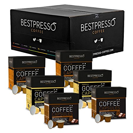 Nespresso Compatible Flavored Coffee Capsules-120 Pod Variety Pack Caramel,Vanilla&Chocolate-For Original Line Nespresso Machine-Certified Genuine Espresso By Bestpresso-60 Days Satisfaction Guarantee