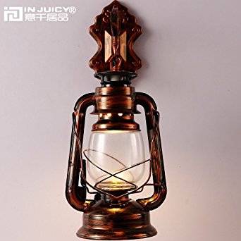 Injuicy Vintage Retro E27 Edison Industrial Barn Lantern Glass Metal Wall Lights Lamps Shades Iron Kerosene Sconces Wall Lights Fixtures Horse Lamp for Balcony Bar Cafe Store Antique Brass(Copper)