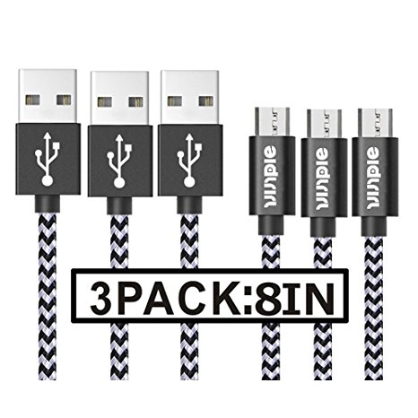 Vinpie 3 Pack 20cm(8 Inch) Nylon Braided Micro USB Cable, High Speed Durable A Male to Micro B Sync and Charge Cable Cord for Samsung, HTC, Motorola, Nokia, Android and Other Tablet Smartphone