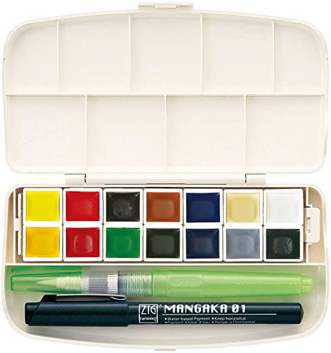 Kuretake GANSAI TAMBI Watercolor, Professional-Quality for Artists and Crafters, AP-Certified, Show up on Dark Papers, Made in Japan (Portable 14 Colors Set)