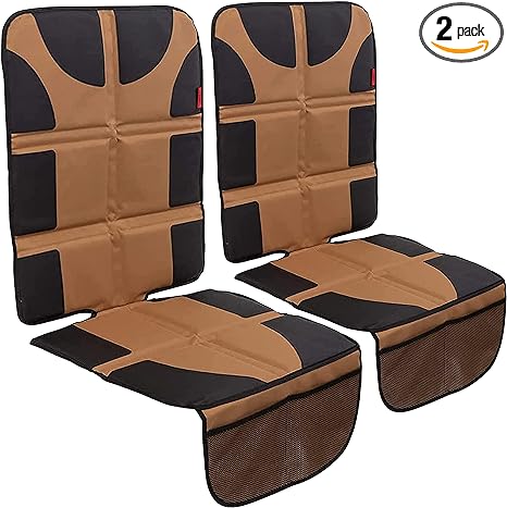 Lusso Gear Car Seat Protector Value Twin Pack, Thick Padding, 2 Mesh Storage Pockets, Waterproof, Protects Fabric or Leather Seats from Child Car Seat and Pets, Non-Slip Rubber Padded Backing, Tan